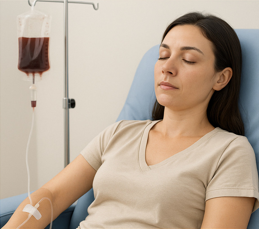 Woman getting an Iron IV Infusion while relaxing in a chair